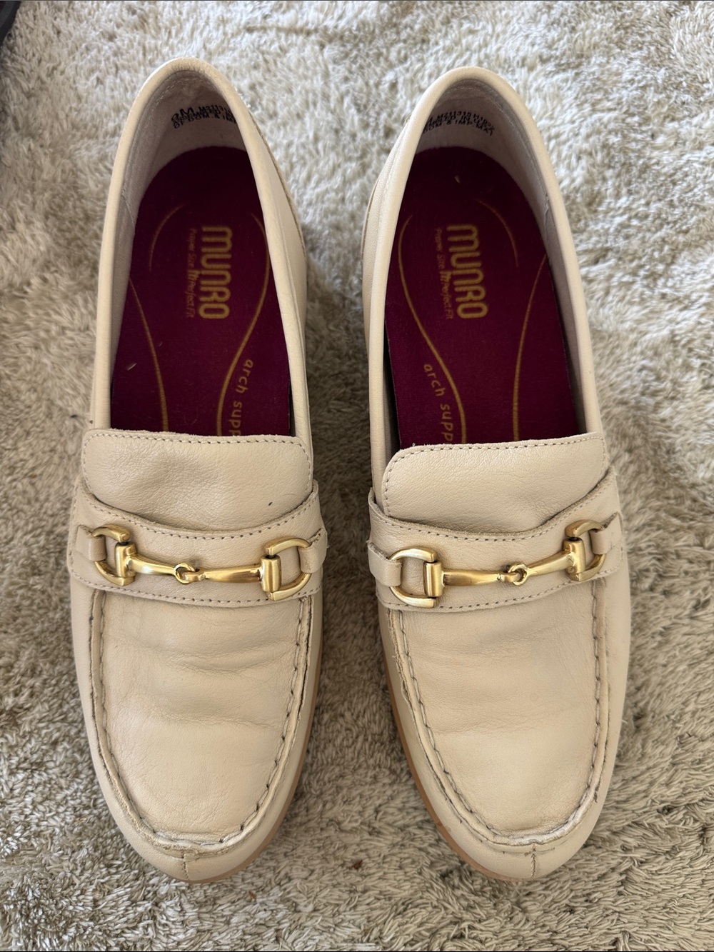 Munro Cream Leather Loafers with Gold Bit